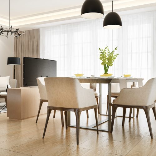 3d rendering modern dining room and living room with luxury decor